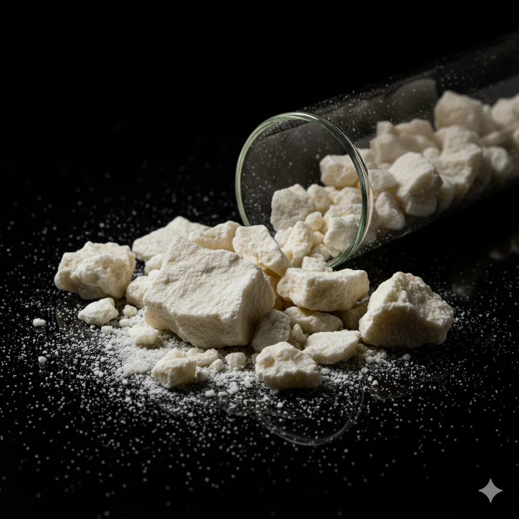 ampolla con pepite di crack su sfondo nero